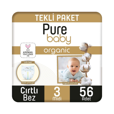 Organik Pamuklu Cırtlı Bez Tekli Paket 3 Numara Midi 56 Adet